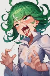 ai_generated blush breasts cum cum_in_mouth cum_on_tongue curly_hair dress facial female green_eyes green_hair long_sleeves open_mouth short_hair small_breasts solo tatsumaki tongue upper_body