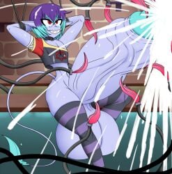 ahe_gao androgynous blue_skin bottom_heavy crop_top cum cum_explosion cumming curvy_figure excessive_cum femboy genderqueer huge_cock hyper_penis incubus licking_lips mimcubus necrobern pointy_ears red_eyes short_shorts solo_male striped_thighhighs thick_thighs tickle_fetish tickling_penis two_tone_hair wide_hips