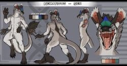 4_arms abstract_background acidic animal_genitalia anthro bared_teeth biped blue_eyes color_swatch front_view fully_sheathed fur genitals glistening glistening_eyes grey_body grey_fur male multi_arm multi_limb nude open_mouth pink_tongue rear_view sen_(nematious) sheath solo species_request standing tail tail_tuft tongue tongue_out tuft white_body white_fur