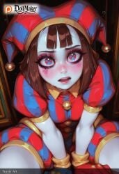 ai_generated bangs bell blue_eyes blush breasts brown_hair dollmaker dollmaker_(artist) female gloves hat heart heart-shaped_pupils jester_cap jingle_bell looking_at_viewer patreon_username pomni_(the_amazing_digital_circus) puffy_short_sleeves puffy_sleeves short_hair short_sleeves smile solo symbol-shaped_pupils tagme