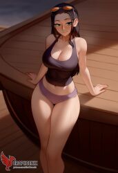 1girls 2d abs ai_generated ass big_ass big_breasts black_hair breasts cleavage erophoenix female female_focus full_body green_eyes long_hair looking_at_viewer navel nico_robin one_piece patreon_username solo solo_female thick thick_thighs uncensored