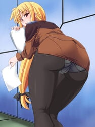 1girls ass bent_over black_pantyhose blonde_hair crotch_seam fate_testarossa highres kneepits legs long_hair looking_back low-tied_long_hair lyrical_nanoha mahou_shoujo_lyrical_nanoha_strikers mikemono_yuu military military_uniform miniskirt panties panties_under_pantyhose pantyhose pantylines paper pencil_skirt picking_up pink_eyes ponytail skirt solo tagme thighs trefoil tsab_ground_military_uniform underwear uniform very_long_hair