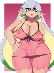 1girls bare_shoulders breasts chicken_rib cleavage covered_navel covered_nipples female hair_down hand_on_hip hand_on_own_hip large_breasts looking_at_viewer marie_(splatoon) mole mole_under_eye nightgown nintendo no_bra panties shiny_skin solo solo_female solo_focus splatoon tentacle_hair thick_thighs thighs two_tone_hair underwear