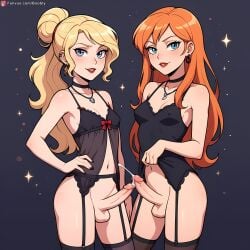 ai_generated black_nails blonde_hair boobly choker cum cumshot futa_on_futa futa_with_futa futanari lingerie necklace nightie penises_touching red_lipstick standing stockings