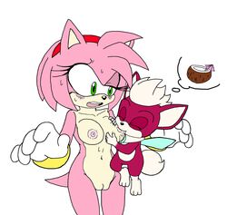 amy_rose breast_sucking breastfeeding chip_(sonic) coconut exposed_torso footwear handwear hedgehog humanoid kiyoshifox leatherruffian sega sonic_(series) sonic_unleashed