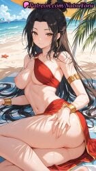 1girls 2025 ai_generated armlet ass avatar_the_last_airbender azula bare_shoulders beach beach_umbrella bikini black_hair blush bracelet breasts closed_mouth earrings halterneck hi_res highres jewelry large_breasts long_hair looking_at_viewer lying natsuyoru navel nickelodeon nipples o-ring ocean on_side one_breast_out oshiri outdoors patreon pussy red_bikini sarong skirt smile solo stomach swimsuit thighs umbrella voluptuous voluptuous_female water wet yellow_eyes