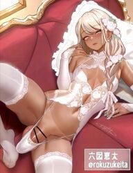 1boy blonde_hair bridal_gauntlets bridal_lingerie crossdressing dark_skin flower hair_flower hair_ornament hair_over_shoulder jewelry lace-trimmed_thighhighs lace_trim large_penis lingerie original otoko_no_ko panties penis penis_peek pillow ring rokuzukeita tan tanlines thighhighs underwear white_panties