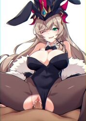 1boy absurdres bare_shoulders bow bowtie breasts brown_hair commission cum cum_overflow detached_collar elsword female green_eyes hat highres jo_an large_breasts leaning_back leotard lithia_beryl_(elsword) long_hair mischief_(elsword) one_eye_closed pantyhose pixiv_commission playboy_bunny pov sex spread_legs straight torn_clothes torn_pantyhose traditional_bowtie vaginal_penetration