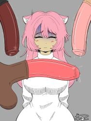 1girls 3boys big_penis breasts dn28_art imminent_sex motion_lines oc original_character penis pink_hair precum roblox robloxian tagme