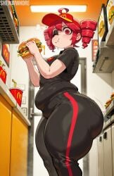 ahoge ai_generated alternate ass big_ass captured employee_uniform fat_ass female from_behind from_below hamburger kasane_teto looking_at_viewer mcdonald's shewwwhore thick_thighs utau wide_eyed