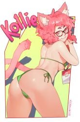 1girls absurd_res ass bikini cat_ears cat_tail catgirl female female_only gift_art glasses kollie_(kollerss) looking_at_viewer norasuko pink_eyes pink_hair solo tail text thick_thighs