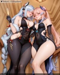 2girls 3girls ai_generated alcohol animal_ears bare_shoulders black_dress black_gloves blue_eyes blush braid breasts champagne_flute cleavage closed_eyes covered_navel cuckingmama cup curvy dress drinking_glass drunk elbow_gloves genshin_impact gloves indoors jewelry large_breasts long_hair mole multiple_girls pink_hair sangonomiya_kokomi shenhe silver_hair single_braid sitting smile tagme thick_thighs thighs very_long_hair wide_hips wine_glass