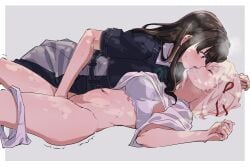 absurdres black_hair blonde_hair blue_dress blush bra closed_eyes commission dappled_sunlight dress fafayu fingering french_kiss grey_background hair_ribbon highres inoue_takina kissing long_hair looking_at_another lycoris_recoil lycoris_uniform navel nishikigi_chisato one_side_up panties panties_around_one_leg purple_eyes red_ribbon ribbon second-party_source shirt short_hair short_sleeves simple_background sunlight sweat trembling underwear white_bra white_panties white_shirt yuri