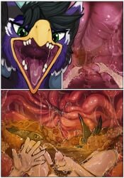acidic ambiguous_gender anthro avian beak black_body black_hair bodily_fluids comic cum cumshot dirty duo ejaculation erection fish front_view genital_fluids genitals glistening glistening_eyes green_eyes hair hi_res human humanoid_genitalia humanoid_penis inside_stomach internal looking_at_viewer male mammal marine masturbation mouth_shot nude open_mouth oral_vore penile penile_masturbation penis pubes purple_body purple_tongue stomach_acid tan_body tan_skin tongue vore yellow_beak