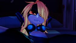 bed blue_nipples fang fully_nude imp imp_midna laying_down midna orange_hair reclining red_iris shortstack spread_legs the_legend_of_zelda twilight_princess two_tone_body vrchat vrchat_avatar vrchat_model yellow_sclera