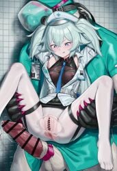 absurdres bar_censor bear blue_eyes blue_hair blue_necktie bondage breasts censored commentary erection female florence_(girls'_frontline_2) gag_harness girls'_frontline hat highres huge_cock kuro_(zhurunbo1997) lifting_person looking_at_penis necktie nurse nurse_cap pa-15_(girls'_frontline) pantyhose penis pussy small_breasts spread_pussy spread_pussy_under_clothes thigh_strap thighhighs torn_clothes torn_pantyhose white_thighhighs zoophilia