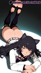 1girls 2025 ai_generated animal_ears artist_name ass black_hair blake_belladonna blush cat_ears electroworld feet_up female hi_res high_quality high_resolution highres long_hair lying lying_on_stomach on_belly on_stomach patreon patreon_username prone_position rwby smile solo stable_diffusion stirrup_legwear thighhighs toeless_legwear toes watermark yellow_eyes