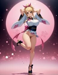 ai_generated arms_behind_head blonde_hair bow brown_eyes fairy_tail illustrious_(stable_diffusion) large_breasts legs lucy_heartfilia on_one_leg payop ponytail posing_for_the_viewer pubic_hair seductive_look uncensored wedge_heels yukata