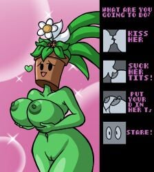 areolae blaster_master blaster_master_zero blaster_master_zero_2 boobjob choice consensual dialogue eyes fake_game heart_symbol holding_own_breast huge_ass huge_breasts kanna_(blaster_master) kissing nipples plant_girl pussy sex_game sucking_nipples titjob vase