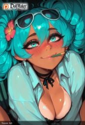 ai_generated aqua_eyes aqua_hair artist_name blush breasts choker cleavage dollmaker dollmaker_(artist) eyewear_on_head female flower goggles goggles_on_head hair_flower hair_ornament hatsune_miku long_hair lying mouth_hold smile solo sunglasses sweat tagme tan tanlines twintails twitter_username upper_body watermark web_address