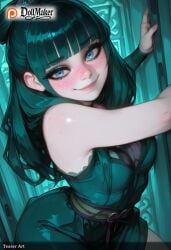 ai_generated aqua_eyes aqua_theme artist_name bangs black_hair blue_eyes blunt_bangs blush breasts car_interior deviantart_username dollmaker dollmaker_(artist) female glowing long_hair looking_at_viewer medium_breasts patreon_username smile solo tagme watermark web_address