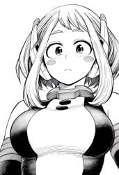 1girls ai_generated blush_stickers bodysuit boku_no_hero_academia breasts closed_mouth expressionless female highres horoyoi_drink large_breasts looking_at_viewer monochrome my_hero_academia ochako_uraraka ochako_uraraka_(hero_outfit) short_hair sidelocks skin_tight solo uraraka_ochako white_background