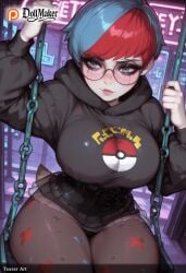ai_generated breasts chains dollmaker dollmaker_(artist) eyebrow_piercing female freckles glasses hood hood_down hoodie large_breasts lips multicolored_hair nintendo pantyhose patreon_username penny_(pokemon) pokemon pokemon_sv print_legwear red_hair short_hair solo star_print tagme thick_thighs thighs two-tone_hair weapon