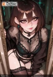 ai_generated artist_name black_bra blush bra breasts brown_hair chair choker dollmaker dollmaker_(artist) earrings female garter_belt garter_straps green_bra hair_between_eyes jewelry lace lace-trimmed_bra lace-trimmed_legwear lace_bra lace_trim lingerie looking_at_viewer looking_up panties patreon_logo patreon_username short_hair sitting smile solo sparkle tagme thighhighs underwear watermark web_address