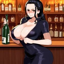 ai_generated alcohol bar big_breasts black_dress black_hair brown_eyes crowai curvy female holding_object nico_robin one_piece sweat thick_thighs