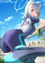 abydos_high_school_student aekun_cben big_ass blue_archive cycling_uniform gloves halo shiroko_(cycling)_(blue_archive) skintight small_breasts sweatdrop video_game_character wolf_ears wolf_girl