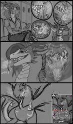 acidic ambiguous_gender anthro bared_teeth bottomwear cid_(acidic) closed_eyes clothed clothing dragon duo electronics erection eyelashes female feral generation_2_pokemon hi_res holding_object holding_phone horn legendary_pokemon licking licking_another lugia male monochrome multiple_images mythological_creature mythological_scalie mythology narrowed_eyes nintendo nude open_mouth oral_vore phone pokemon pokemon_(species) scales scalie shirt simple_background size_difference skirt solo t-shirt tongue topwear vore