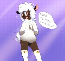 amanda_the_adventurer bells black_skin black_underwear cute danisshippies femboy freckles freckles_on_ass freckles_on_face hands_behind_back human lamb looking_at_viewer orange_eyes sfw sheep sheep_ears suggestive thighhighs wagging_tail white_freckles white_hair white_sweater white_tail wooly_(amanda_the_adventurer)