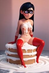 ai_generated black_hair blush breasts choker cum female gloves long_hair nipples purple_eyes red_legwear sitting solo thighhighs
