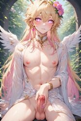 ai_generated angel angel_boy angel_wings blonde_hair blonde_hair blonde_hair_male blonde_male cupid cute eros femboy flower_crown flower_in_hair flower_on_head flowers god god_of_love greek_god greek_mythology handjob heart heart-shaped_pupils heart_eyes lithe masturbation nipples pink pink_eyes pink_hair pink_hair_male pink_nipples pretty twink
