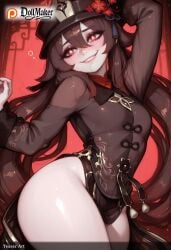 ai_generated artist_name blush breasts dollmaker dollmaker_(artist) female flower gloves hat hu_tao_(genshin_impact) long_hair long_sleeves looking_at_viewer patreon_logo patreon_username red_eyes smile solo symbol-shaped_pupils tagme thick_thighs thighs watermark web_address