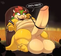 2022 balls big_balls big_penis black_eyes bowser chipchell feet furry green_scales huge_cock koopa koopa_troopa leash leash_on_penis leash_pull male male_only mario_(series) nintendo orange_hair penis reptile spiked_bracelet spiked_collar yellow_body yellow_skin
