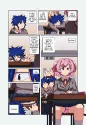 1boy 1girls blue_eyes blue_hair blue_skirt care_bears childish_panties clothed clothed_female clothed_male clothes clothing comic comic_page comic_panel desk doki_doki_literature_club english_text euf-dreamer fairy_tail ichiya_vandalay_kotobuki jiraiya naruto natsuki_(doki_doki_literature_club) panties paper pink_eyes pink_hair pink_panties poster poster_(object) school_desk sketch skirt socks text text_box