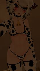 blush bra collar cow_ears cow_girl cow_print cow_print_bikini cowbell female_only lewd_vrchater panties self_upload selfie short_hair small_breasts stockings thick_thighs vrchat vrchat_avatar