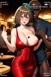 ai_generated blacked blue_eyes blush breasts brown_hair cleavage cuckold dark-skinned_male dark_skin dress female hair_ornament hat interracial large_breasts lipstick_mark looking_at_viewer male maya_(kancolle) maya_kai_ni_(kancolle) meitabuu middle_finger netorare nipple_slip penis queen_of_spades recording red_dress restaurant shirt short_hair sleeveless smile spade_tattoo straight tongue_out