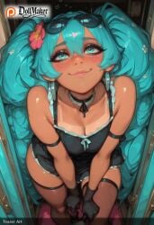 ai_generated aqua_eyes aqua_hair artist_name black_gloves blush breasts chair choker cleavage closed_mouth dark_skin dollmaker dollmaker_(artist) eyewear_on_head female flower from_above gloves goggles goggles_on_head hair_flower hair_ornament hatsune_miku long_hair looking_at_viewer looking_up medium_breasts patreon_logo patreon_username sitting skindentation smile solo suitcase sunglasses tagme thigh_strap thighhighs twintails very_long_hair watermark web_address