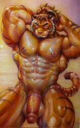 abs anthro bara big_muscles big_pecs big_penis felid genitals haircut hi_res huge_muscles male mammal mrkun muscles muscular muscular_anthro muscular_male nipple_piercing nipples pantherine pecs penis piercing solo tail tiger yaoi