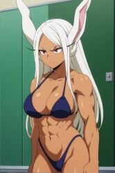 abs ai_generated animal_ears bikini breasts bunny_ears cleavage collarbone cowboy_shot dark_skin female highleg highleg_bikini large_breasts long_hair miruko muscle muscular_female my_hero_academia navel red_eyes solo swimsuit white_hair