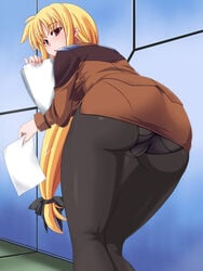 1girls ass bent_over black_pantyhose blonde_hair crotch_seam fate_testarossa highres kneepits legs long_hair looking_back low-tied_long_hair lyrical_nanoha mahou_shoujo_lyrical_nanoha_strikers mikemono_yuu military military_uniform miniskirt panties panties_under_pantyhose pantyhose pantylines paper pencil_skirt picking_up pink_eyes ponytail skirt solo tagme thighs trefoil tsab_ground_military_uniform underwear uniform very_long_hair