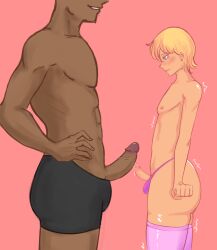 2boys 2d abs alex_romanelli big_penis black_boxers blonde_hair blonde_hair_blue_eyes blonde_male blue_eyes boxers_(clothing) crossdressing dark-skinned_male dark_skin femboy feminine_male gelatomusume human human_only illustration interracial light-skinned_male light_skin male male_only original_character otoko_no_ko panties penis penis_size_difference simple_background size_comparison small_penis thighhighs trap twink