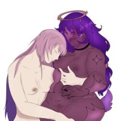 2girls arm_around_waist art_collab closed_eyes collaboration dazzy_dizz female halo lesbian_couple nipple_piercing oc ocs original_character pierced_nipples piercing pink_hair purple_eyes purple_hair self_harm_scars sesbian_lex stretch_marks tail yuri