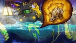 16:9 acidic ambiguous_gender anthro anthro_on_anthro black_body black_fur blonde_hair canid canine container cup cutaway dragon drinking duo female female/ambiguous fur green_eyes grey_body hair holding_container holding_cup holding_object hybrid internal mammal multicolored_hair mythological_creature mythological_scalie mythology narrowed_eyes nipples nude open_mouth outside partially_submerged purple_hair scalie seikatsu short_hair spread_legs spreading torn_wing two_tone_hair unbirthing vaginal_penetration vore white_hair widescreen yellow_nipples