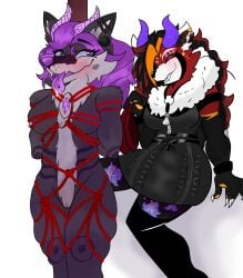 ailurid anthro ass big_breasts blush bondage bondage bound breasts canid canine canis claws clothed clothing digital_media_(artwork) dragon duo ear_chain ear_piercing female female/female fur genitals hair hi_res horn hybrid lucy_(og_scorpio) madameeclipse mammal masha_(datwoofdurgmasha) mythological_creature mythological_scalie mythology nipples nude piercing red_panda restraints rope rope_bondage rope_harness scalie smile submissive tail tongue tuft vaginal_penetration wolf