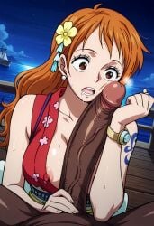 ai_generated akaz123 brown_penis dark-skinned_male drooling forearm_cock half-dressed horny_female interracial kimono large_breasts large_penis long_hair looking_at_penis moonlight nami_(one_piece) night_sky one_piece orange_hair penis_awe penis_measuring ship shocked_expression steaming_body surprised_expression sweating