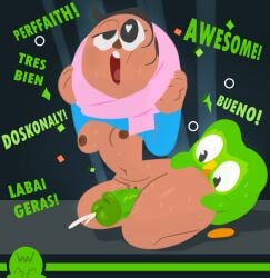 avian bird bodily_fluids brown_body clothing cum cumshot duo duo_(duolingo) duolingo ejaculation female feral genital_fluids green_body headgear headwear hi_res human lostwisdom male male/female mammal mascot owl silly simple_background size_difference thick_thighs toony zari_(duolingo)