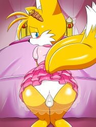 1boy ass balls bed big_ass big_butt blue_eyes blush butt_focus crossdressing cub cytails dress femboy focus_on_ass focus_on_butt fox furry furry_only girly looking_at_viewer male miles_tails_prower panties princess princess_dress self_upload skirt tail tails tails_the_fox